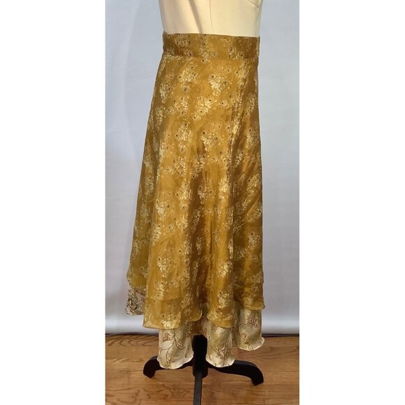 Kariza One Size Gold Floral Wrap Midi Skirt Silk Rayon Blend Cottage Core - Picture 5 of 5